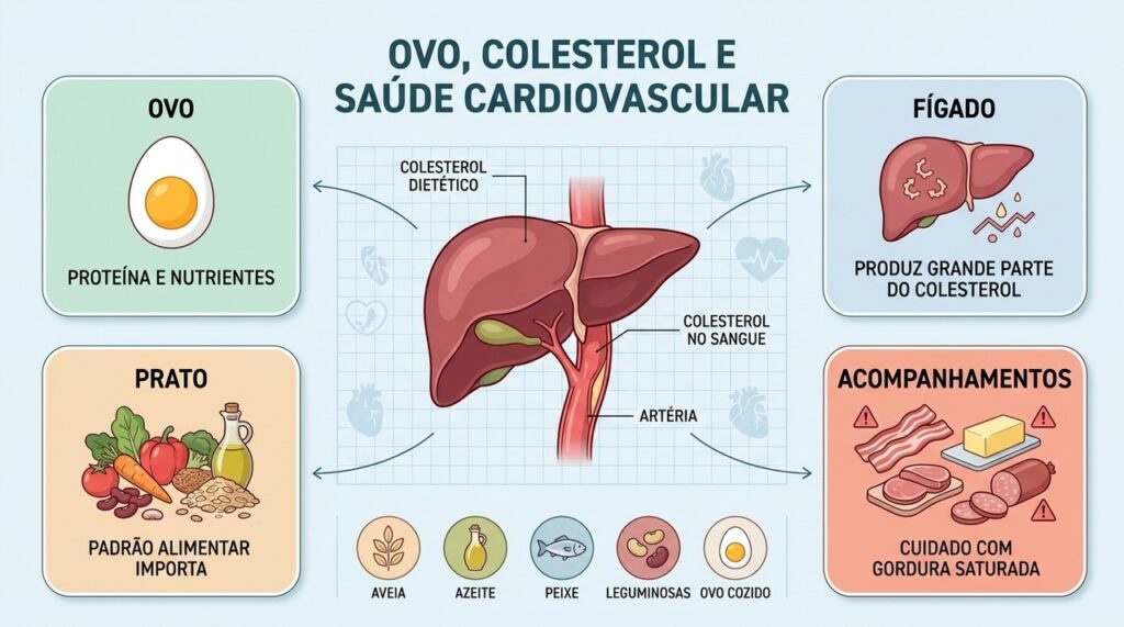 Ovo, fígado, acompanhamentos e padrão alimentar influenciam o contexto do colesterol cardiovascular.