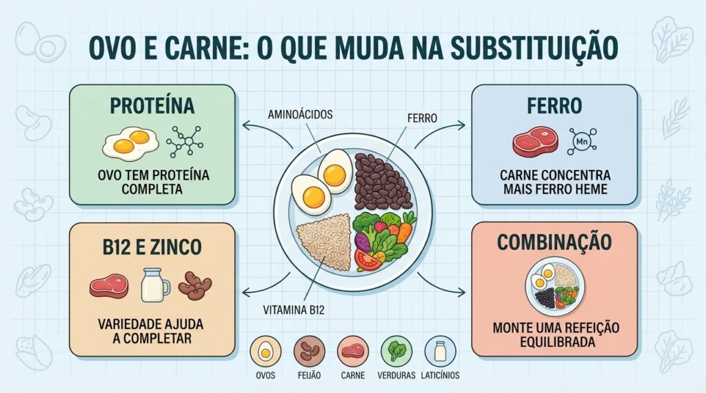 Proteína, ferro, B12 e variedade devem ser considerados ao trocar carne por ovos.