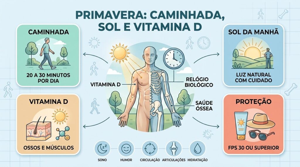 Caminhada, luz matinal, vitamina D e proteção solar equilibram benefícios e cuidados.