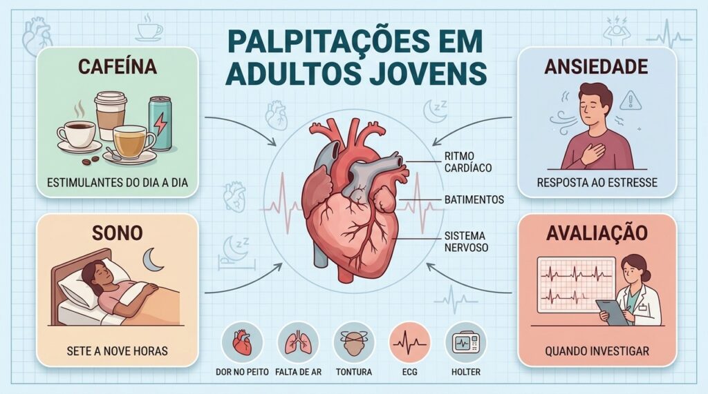 Cafeína, ansiedade e sono influenciam palpitações; alguns sinais exigem avaliação cardíaca.