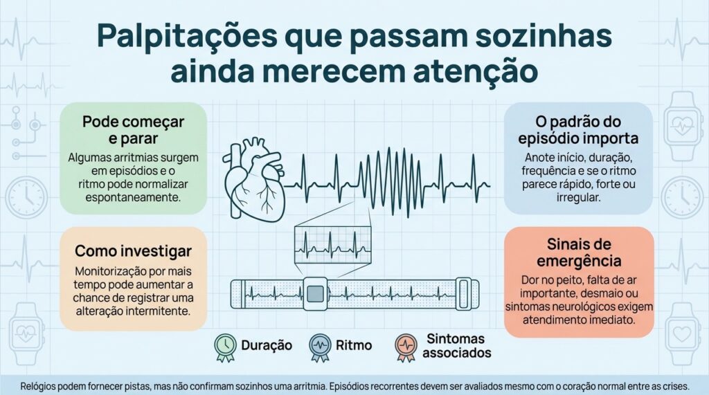 Registrar quando as palpitações acontecem e usar monitorização prolongada pode ajudar a identificar alterações que aparecem apenas em alguns momentos.