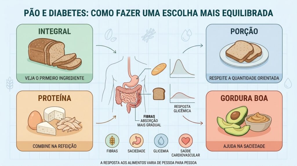 Integral, porção adequada, proteína e gorduras boas favorecem refeições mais equilibradas.