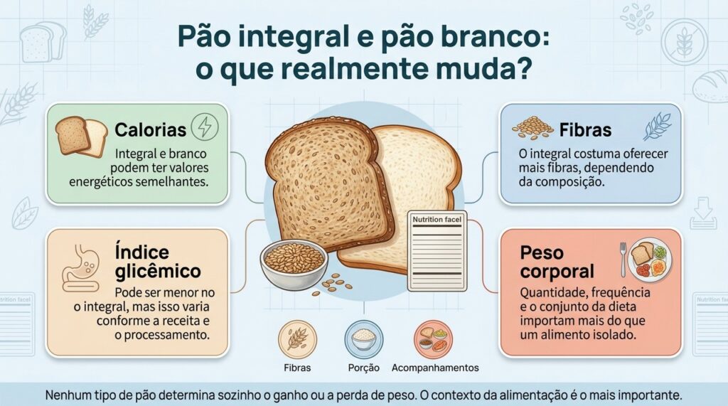 O pão integral pode oferecer mais fibras, mas o controle do peso depende do conjunto da alimentação e das quantidades consumidas.