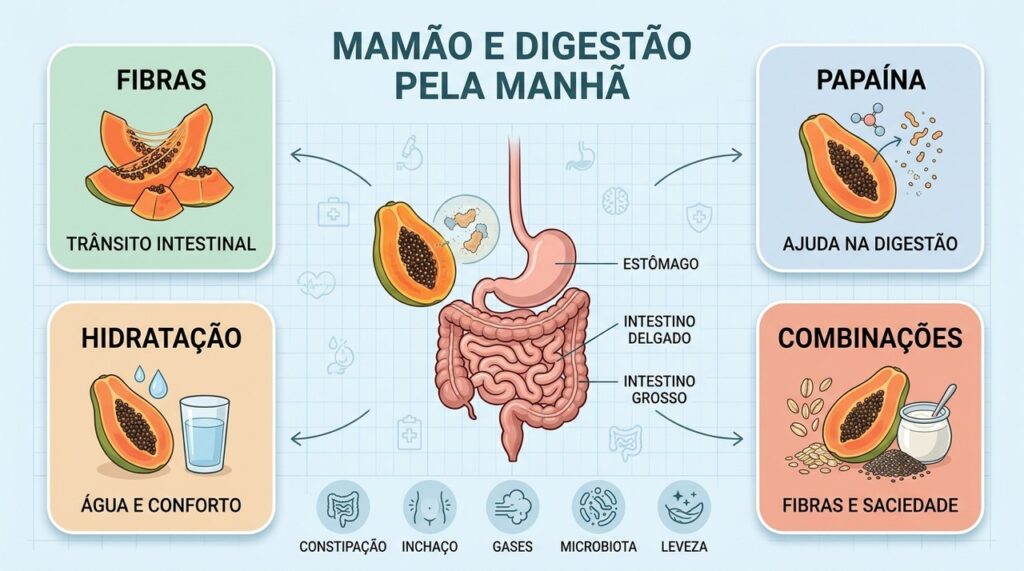 Fibras, papaína, hidratação e combinações ajudam a explicar o conforto digestivo do mamão.