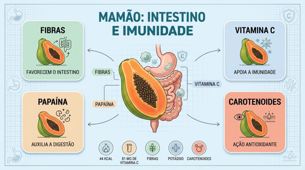 Fibras, papaína, vitamina C e carotenoides destacam o potencial nutricional do mamão papaia.