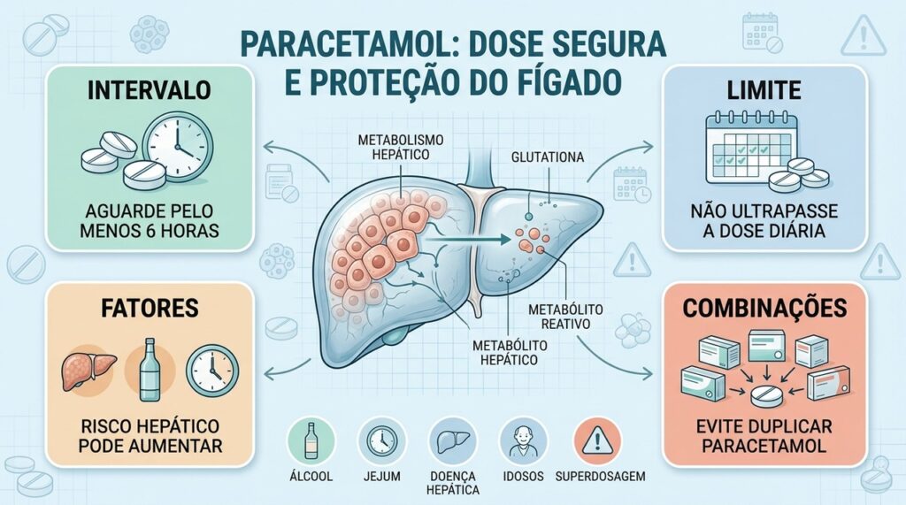 Dose, intervalo, combinações e fatores individuais determinam o risco hepático do paracetamol.