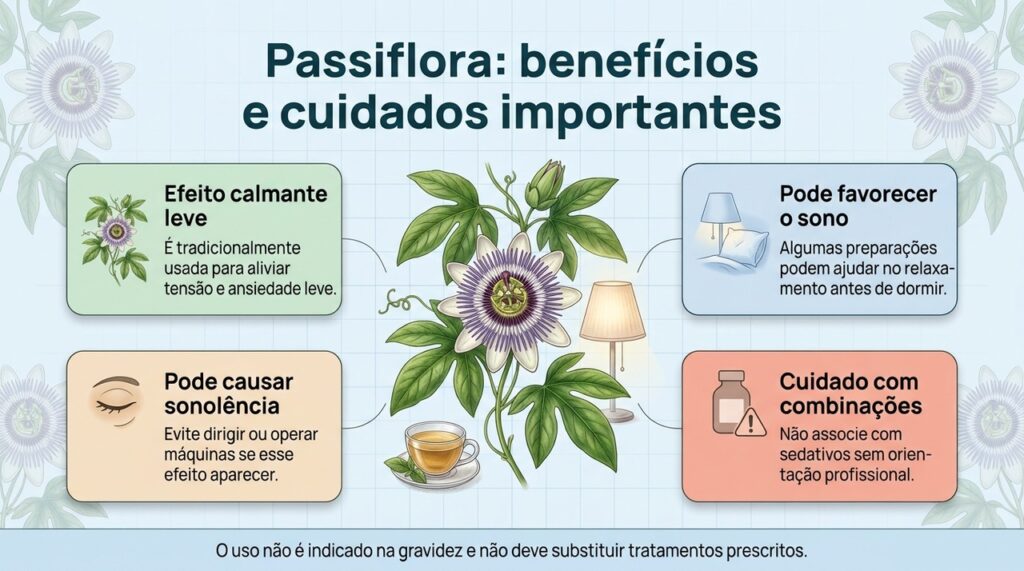 A passiflora pode ter efeito calmante leve, mas exige atenção à sonolência, às interações e às contraindicações.