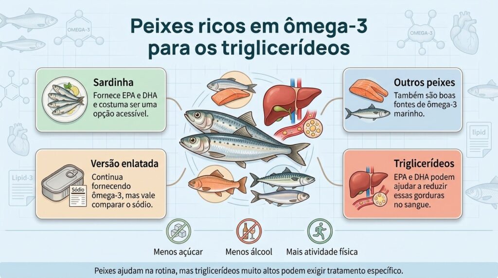 Sardinha é uma fonte prática de EPA e DHA, mas o controle dos triglicerídeos depende do conjunto da alimentação e do tratamento.