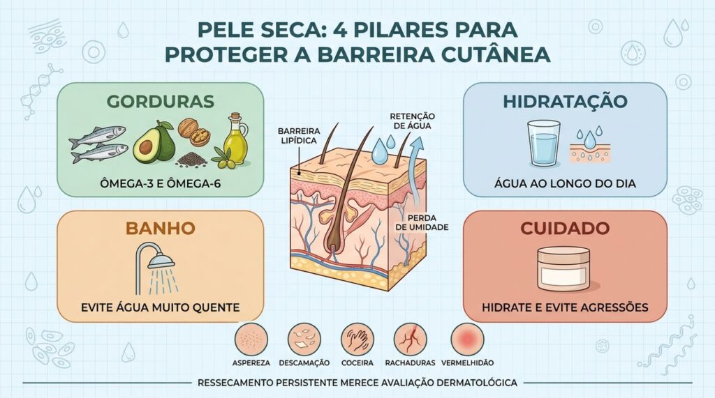 Gorduras boas, hidratação, banho adequado e cuidado diário protegem a barreira da pele.
