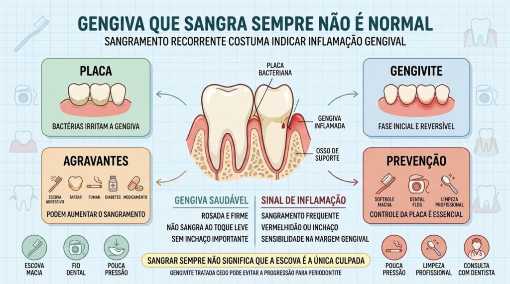 Placa, gengivite, fatores agravantes e higiene adequada explicam o sangramento recorrente.