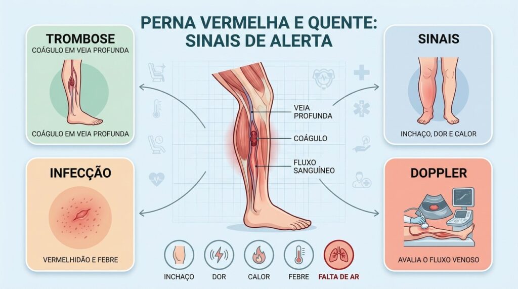 Trombose e infecções podem causar calor, vermelhidão, dor e inchaço na perna.