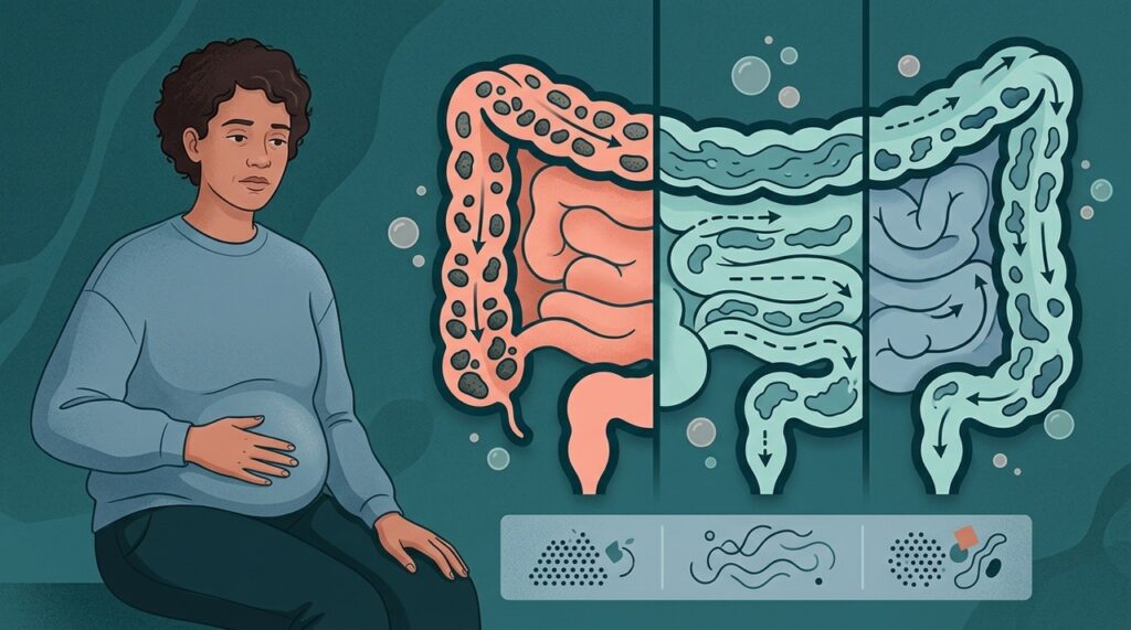 Gases e inchaço isolados são comuns; o padrão recorrente de dor e alterações intestinais é mais relevante para a investigação.