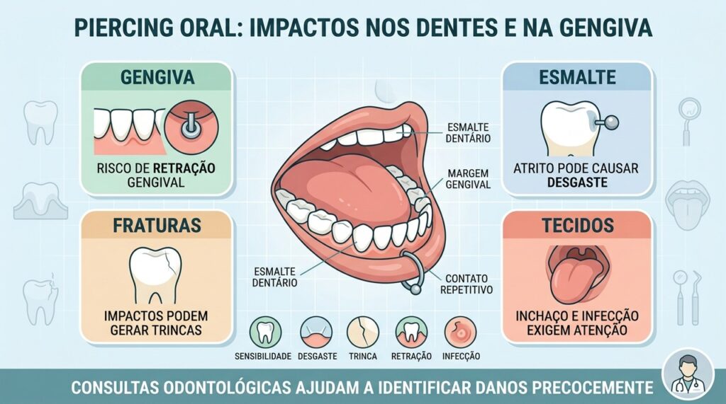 Gengiva, esmalte e dentes podem sofrer danos progressivos pelo contato repetido do piercing.