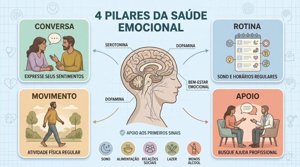 Conversa, rotina, movimento e apoio profissional formam pilares importantes para proteger a saúde emocional.
