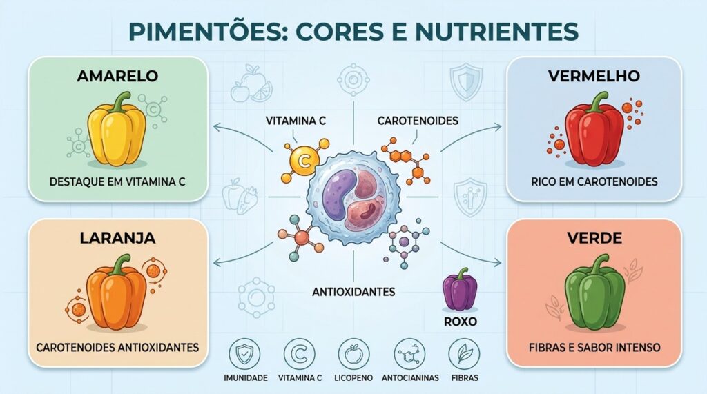 Amarelo, vermelho, laranja, verde e roxo oferecem diferentes compostos antioxidantes e nutrientes.