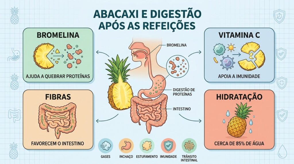 Bromelina, fibras, vitamina C e água fazem do abacaxi um aliado digestivo.