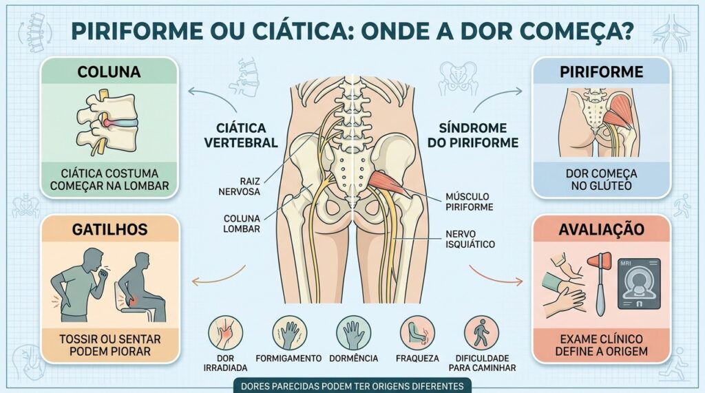 Coluna, piriforme, gatilhos e exame ajudam a diferenciar causas da dor irradiada.