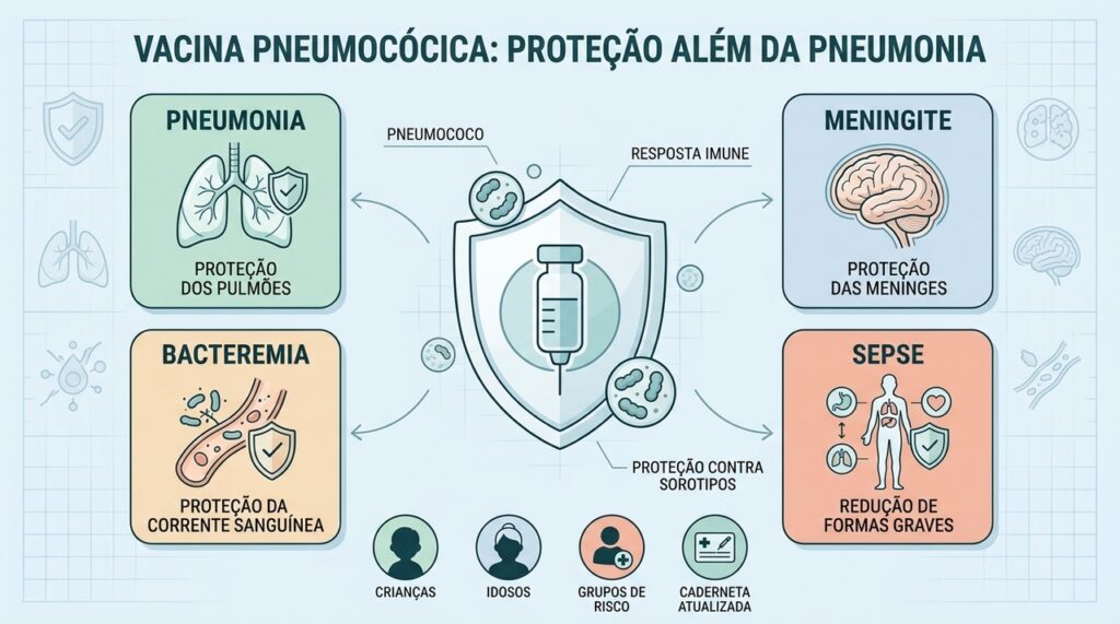 Pneumonia, meningite, bacteremia e sepse estão entre as doenças pneumocócicas preveníveis.