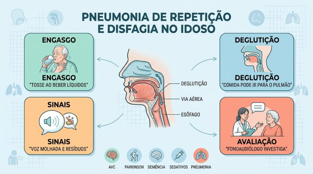 Disfagia, aspiração e alterações neurológicas ajudam a explicar pneumonias recorrentes no idoso.