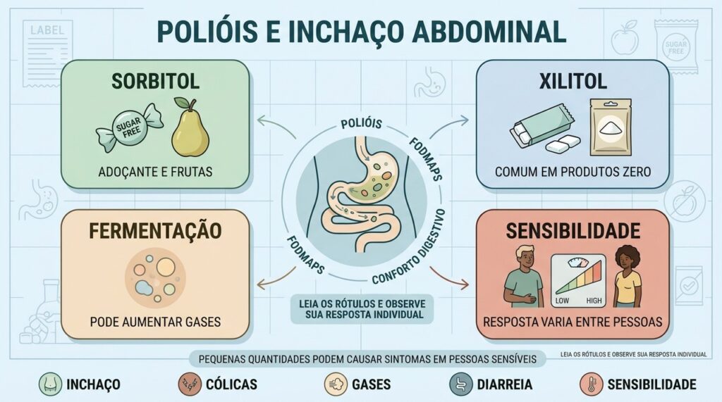 Sorbitol, xilitol e outros polióis podem aumentar gases e inchaço intestinal.