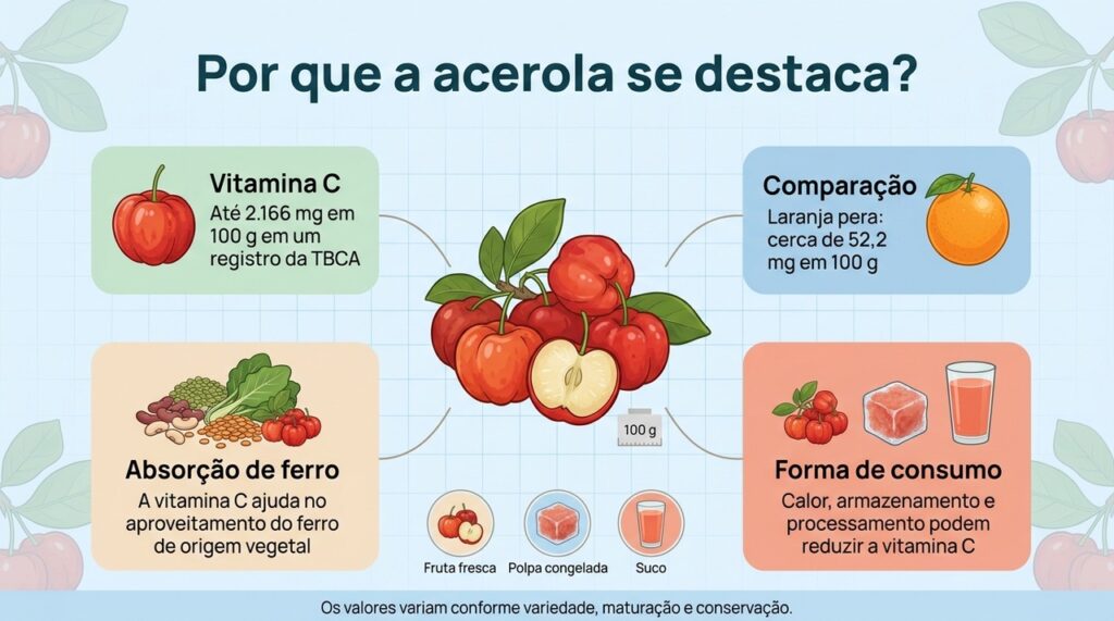 A acerola se destaca pela alta concentração de vitamina C, que varia conforme a variedade e a forma de conservação.
