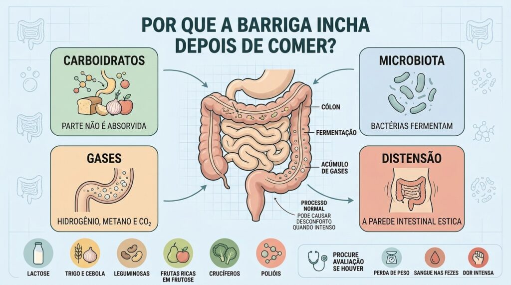 Carboidratos fermentáveis, microbiota e gases explicam parte do inchaço após refeições.