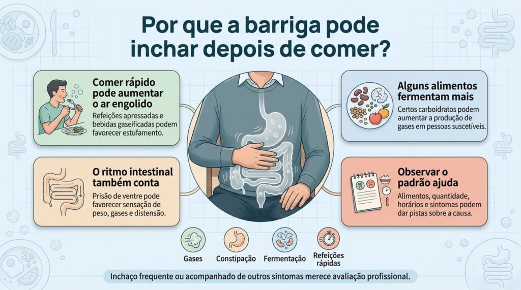 Gases, fermentação, constipação e hábitos à mesa estão entre os fatores que podem contribuir para o inchaço após comer.
