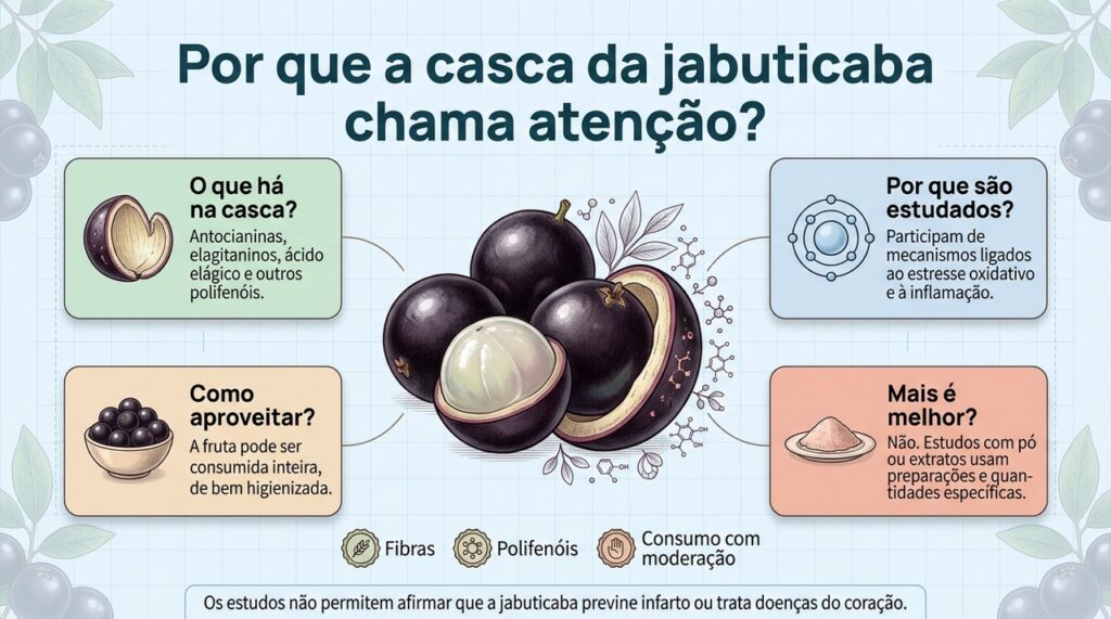 A casca da jabuticaba reúne fibras e polifenóis estudados por sua relação com diferentes aspectos da saúde cardiometabólica.