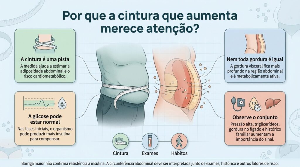 A circunferência abdominal pode ajudar a identificar maior risco metabólico quando é avaliada junto de exames e outros fatores.