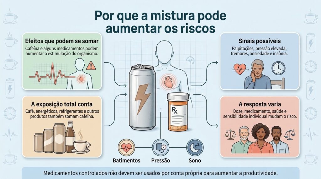 A combinação pode aumentar a estimulação do organismo, com efeitos que variam conforme a pessoa e as substâncias envolvidas.