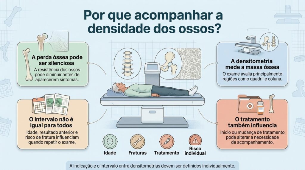 O intervalo entre densitometrias depende da idade, do risco de fratura, dos resultados anteriores e do tratamento realizado.