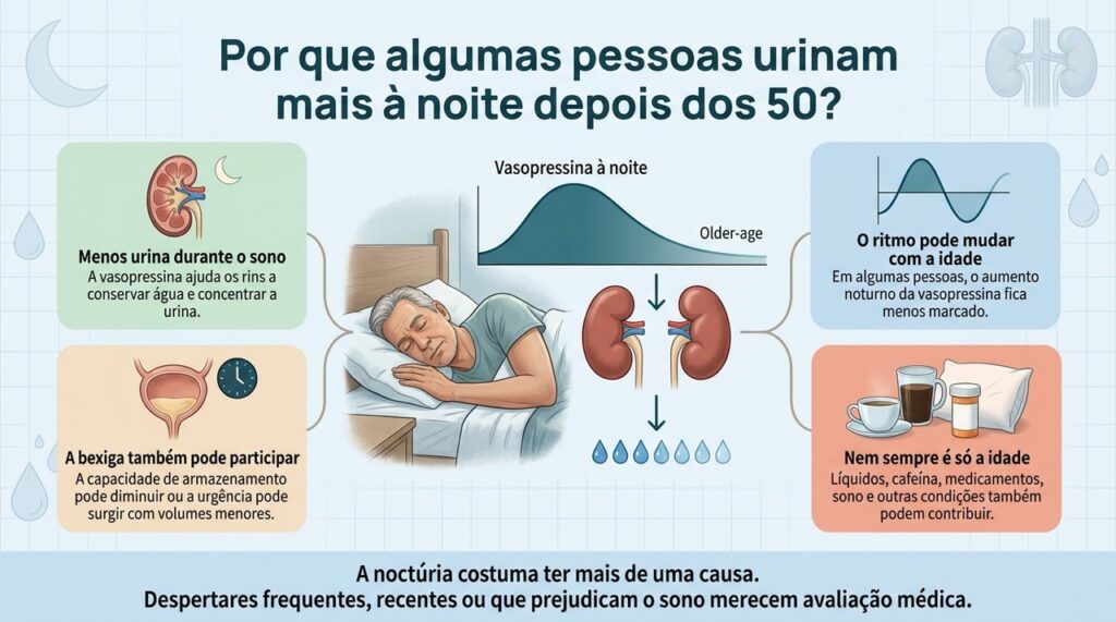 Infográfico explica que a vasopressina normalmente ajuda os rins a produzir menos urina durante o sono, mostra que esse ritmo hormonal pode ficar menos marcado com o envelhecimento e destaca que alterações da bexiga, hábitos, medicamentos, sono e outras condições também podem contribuir para a noctúria.