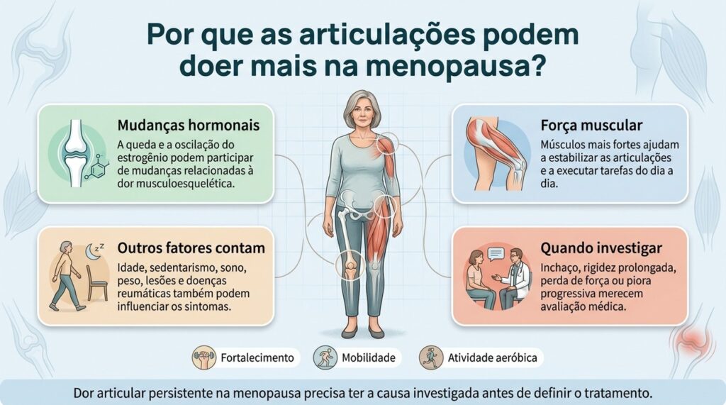 Na menopausa, dor articular pode envolver mudanças hormonais, perda de força e outros fatores que precisam ser avaliados em conjunto.