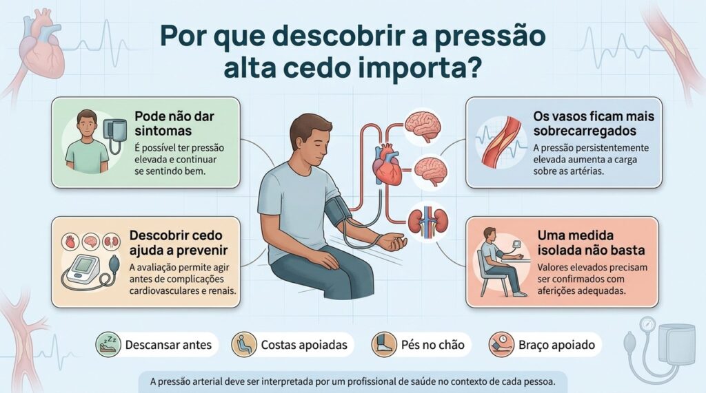 Aferir a pressão corretamente permite identificar alterações silenciosas e iniciar acompanhamento antes que surjam complicações.