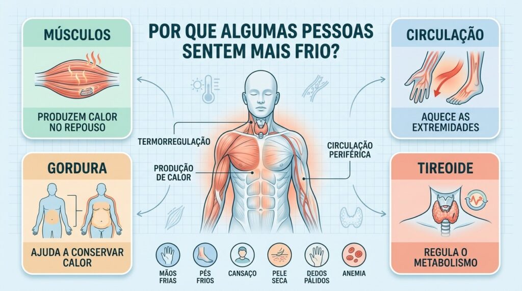 Músculos, gordura, circulação e tireoide influenciam como o organismo produz e conserva calor.
