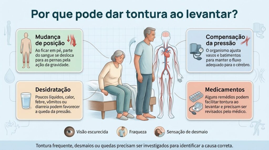 A hipotensão postural é uma das possíveis causas de tontura ao levantar, mas episódios repetidos merecem avaliação médica.