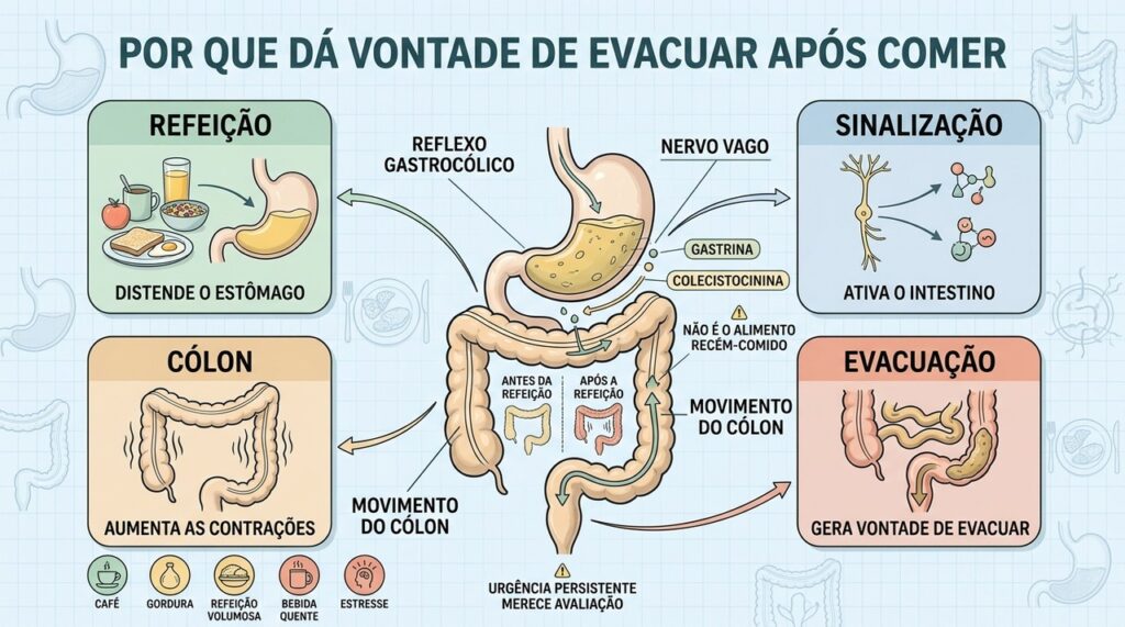 Refeição, sinalização nervosa e contrações do cólon formam o reflexo gastrocólico.