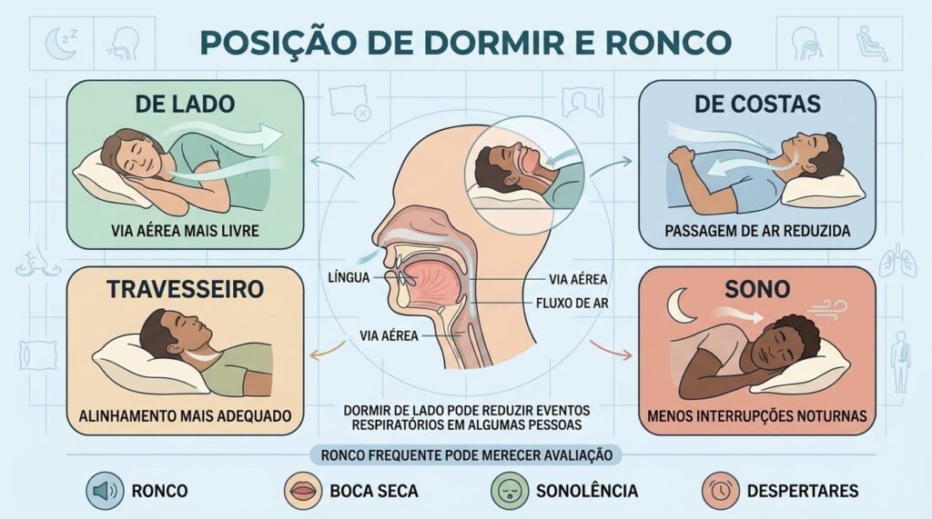 Dormir de lado favorece o fluxo de ar e pode reduzir o ronco.