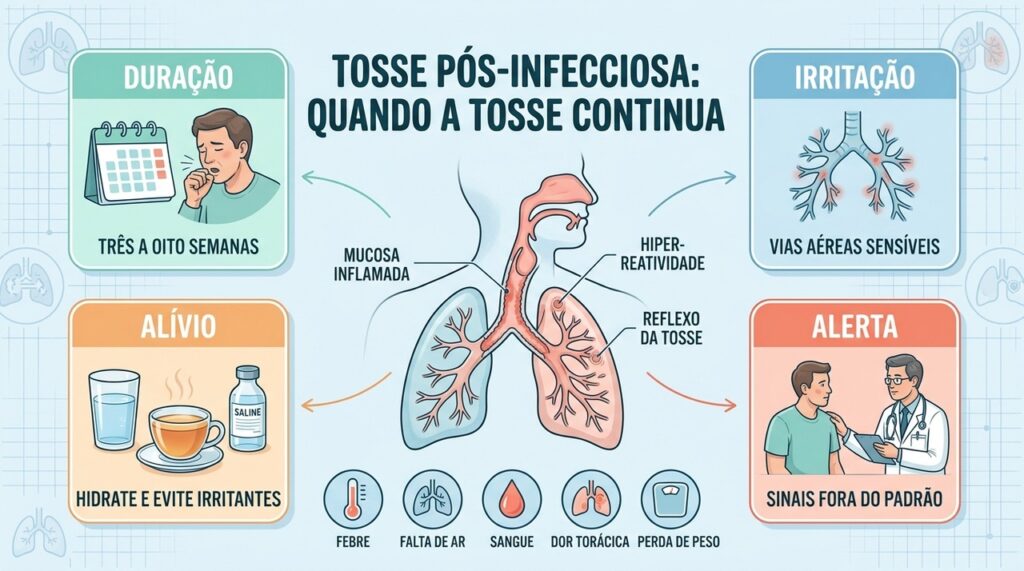 Tosse pós-infecciosa pode durar semanas, mas alguns sinais exigem avaliação médica.