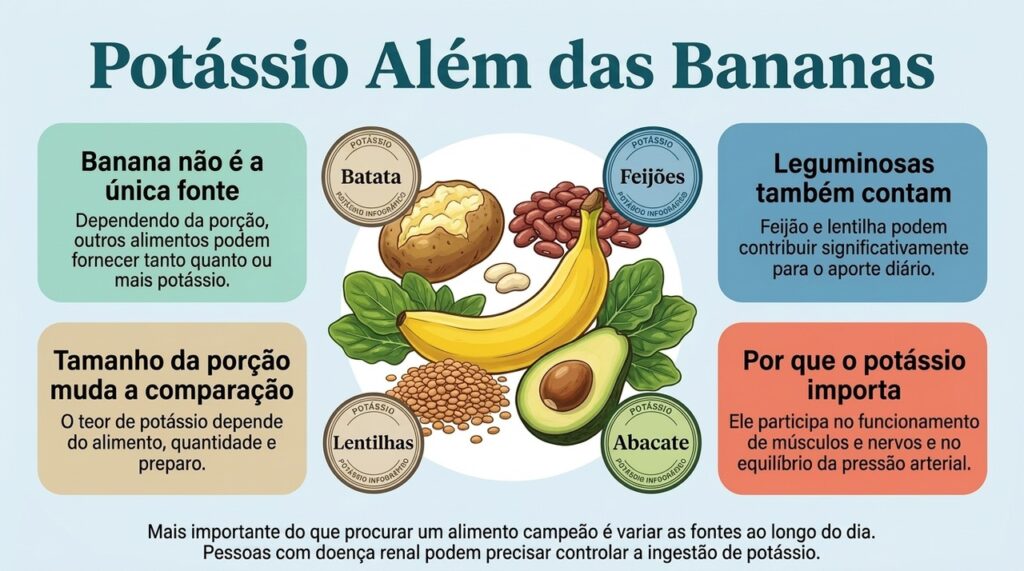 Batata, feijão, lentilha e outros alimentos podem contribuir tanto quanto ou mais que a banana para a ingestão de potássio, dependendo da porção.