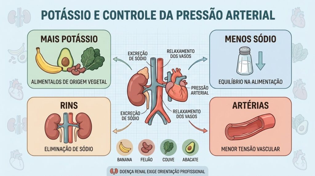 Potássio e sódio atuam juntos no equilíbrio que influencia a pressão arterial.