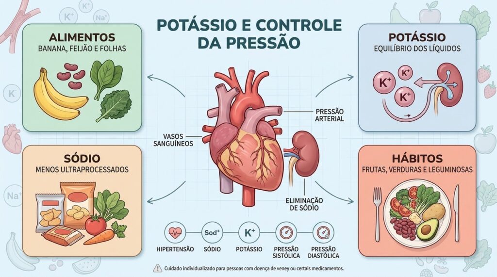 Quatro pilares mostram como potássio, menos sódio e alimentos naturais apoiam o controle pressórico.