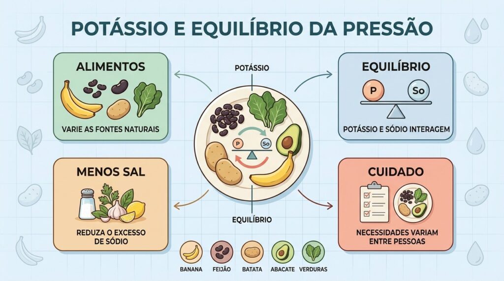 Fontes naturais de potássio complementam a redução do sódio em uma dieta equilibrada.