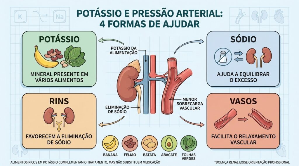 Potássio favorece eliminação de sódio e relaxamento vascular dentro de uma dieta equilibrada.