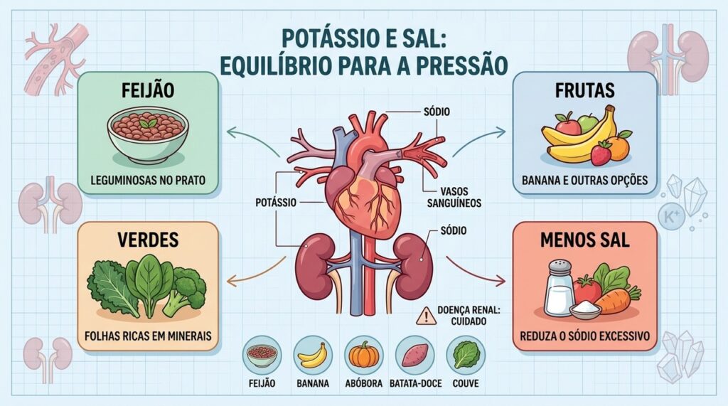 Potássio e menos sal trabalham juntos para favorecer o controle da pressão arterial.