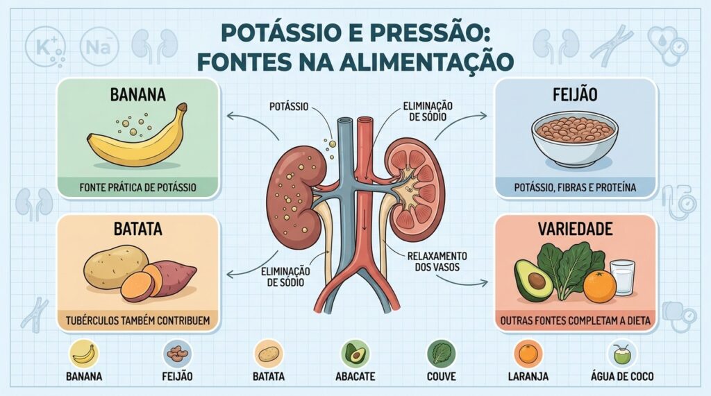 Banana, feijão, batata e outras fontes ampliam o potássio da alimentação diária.