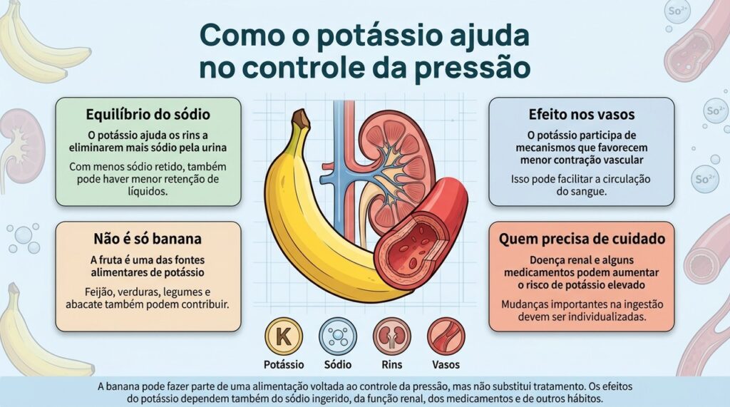 O potássio atua tanto no equilíbrio do sódio e dos líquidos quanto em mecanismos vasculares, mas seu efeito depende do conjunto da alimentação e da saúde da pessoa.