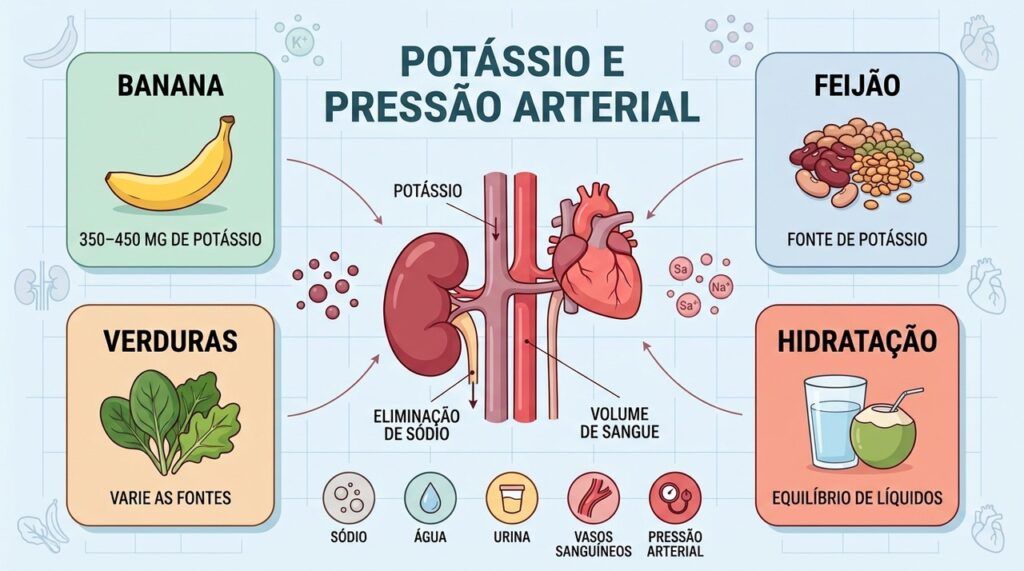Potássio favorece a eliminação de sódio pelos rins e apoia o controle da pressão.
