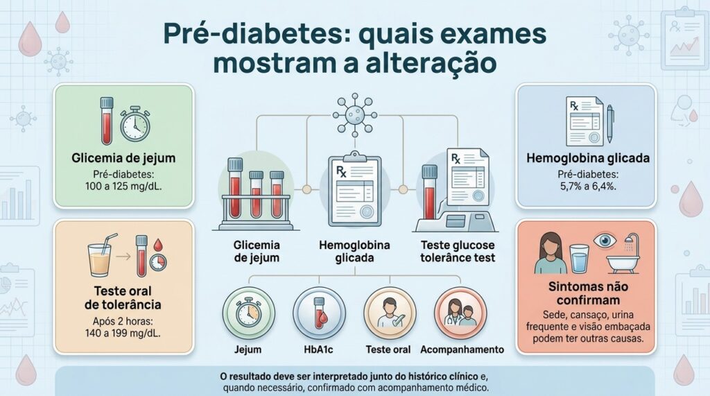 O pré-diabetes é identificado principalmente por exames de glicose, e não apenas pela presença de sintomas.