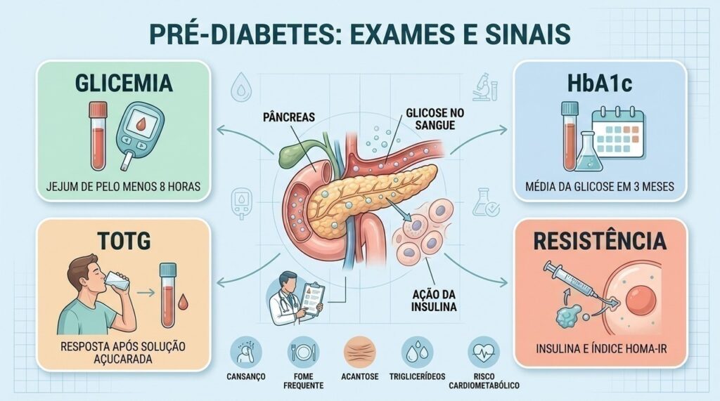 Glicemia, HbA1c, TOTG e resistência à insulina ajudam a investigar pré-diabetes.